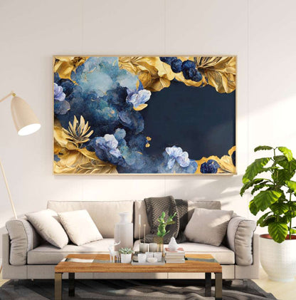 Le tableau décoratif, avec un style artistique bleu et doré.