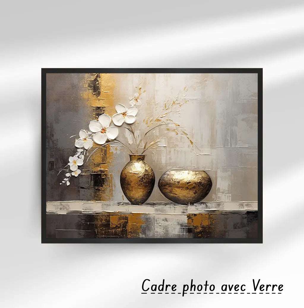 Tableau décoratif – vase abstrait, peinture or moderne, plantes fleurissent