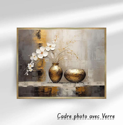 Tableau décoratif – vase abstrait, peinture or moderne, plantes fleurissent