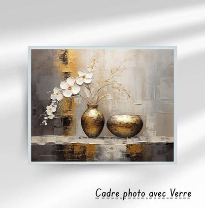 Tableau décoratif – vase abstrait, peinture or moderne, plantes fleurissent