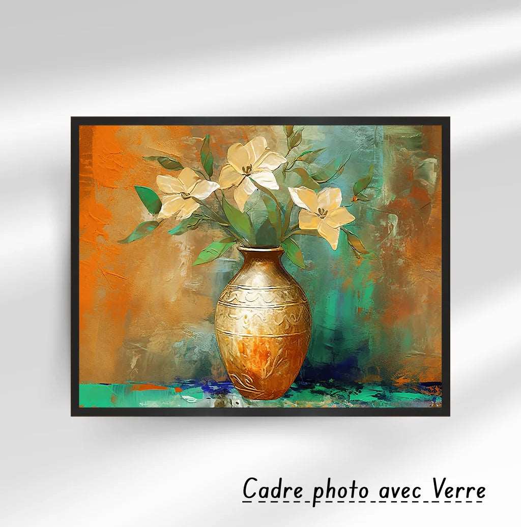 Tableau décoratif – vase abstrait, peinture classique orangée, plantes fleurissent dans le vase